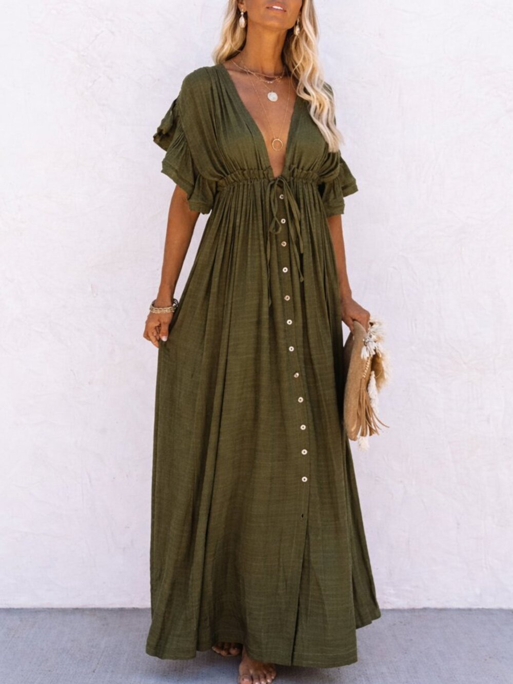 Boho Olive Maxi Dress Deep V Ruffle Sleeve Button Front Flowy Summer NWT
